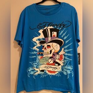 Ed Hardy  T-Shirt Skull Hat Rhinestone Capri Blue Size XL  NWT
